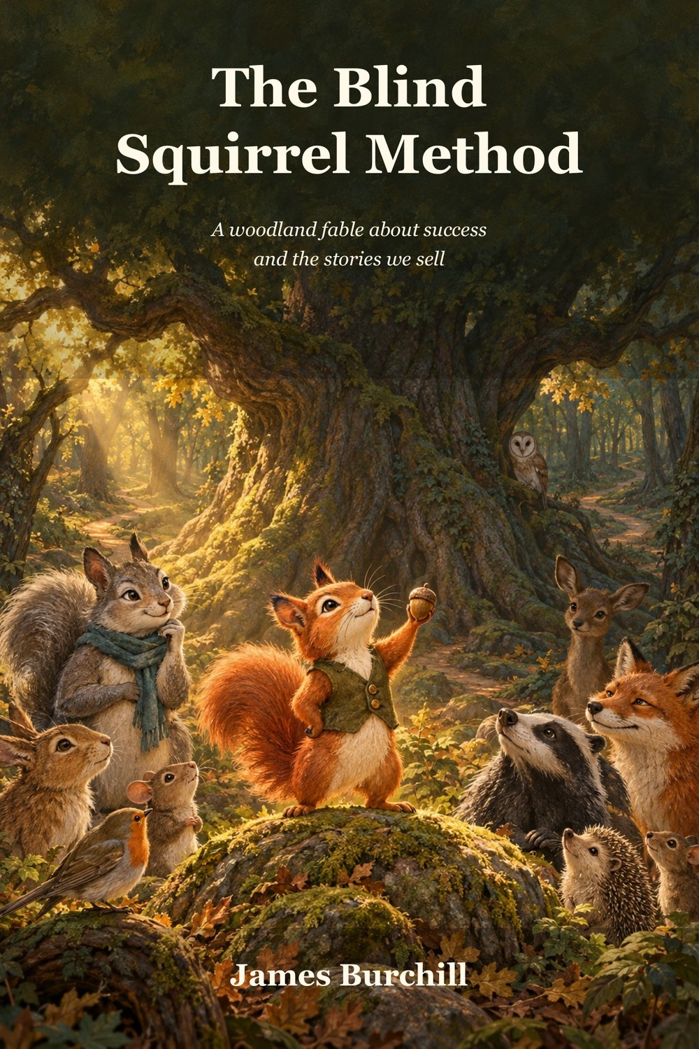 The Blind Squirrel Method by James Burchill. Pip holds an acorn aloft while the animals of Bracken Wood look on.